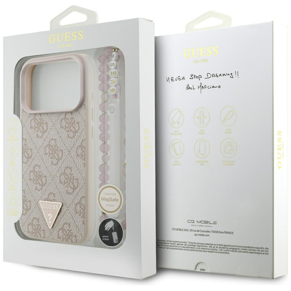 Funda MagSafe para Apple iPhone 17 Pro, Guess, Logo Triángulo 4G con Correa de Perla, Rosa