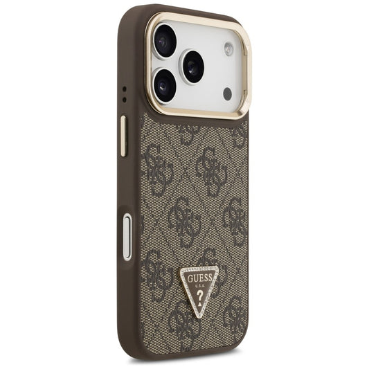 Funda MagSafe para Apple iPhone 17 Pro, Guess, Logo Triángulo 4G con Soporte para Cámara, Marrón Dorado
