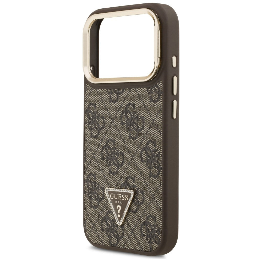 Funda MagSafe para Apple iPhone 17 Pro, Guess, Logo Triángulo 4G con Soporte para Cámara, Marrón Dorado
