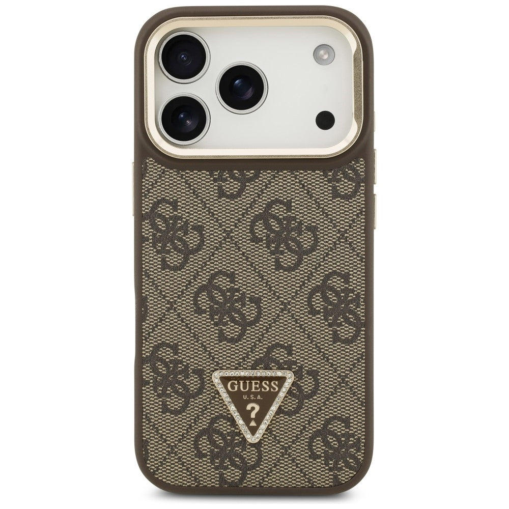Funda MagSafe para Apple iPhone 17 Pro, Guess, Logo Triángulo 4G con Soporte para Cámara, Marrón Dorado