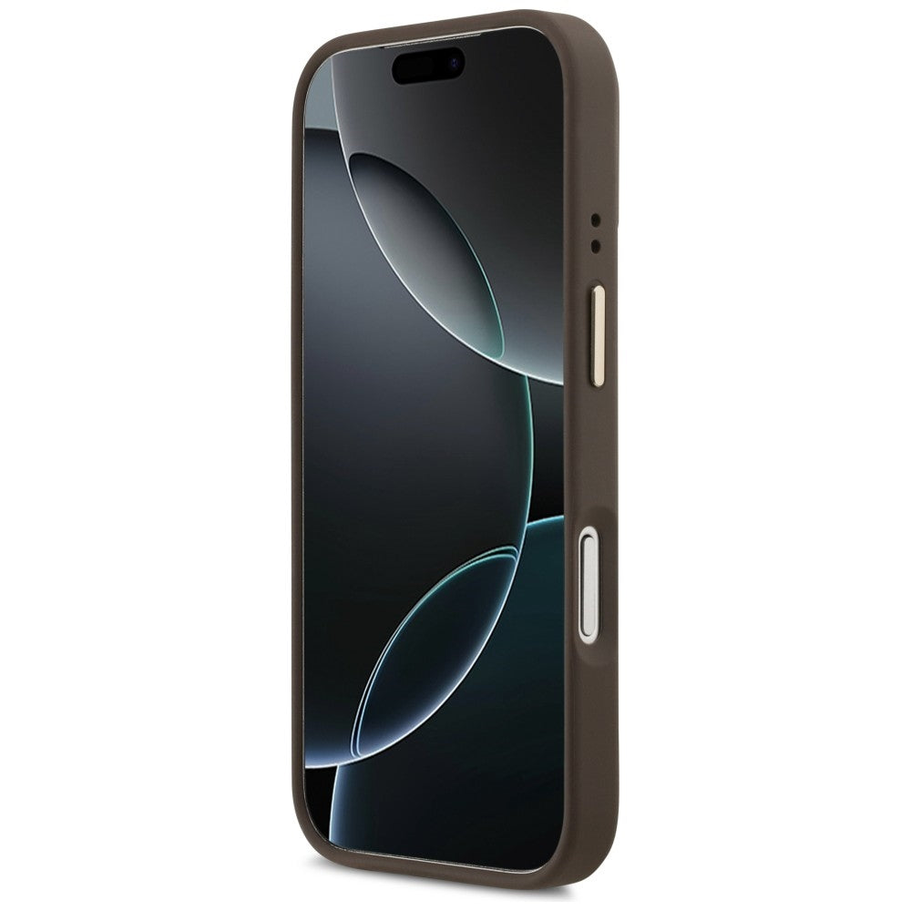 Funda MagSafe para Apple iPhone 17 Pro, Guess, Logo Triángulo 4G con Soporte para Cámara, Marrón Dorado