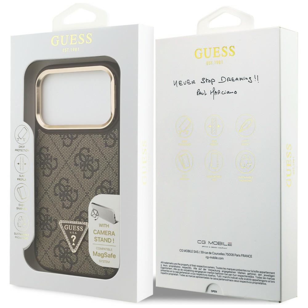 Funda MagSafe para Apple iPhone 17 Pro, Guess, Logo Triángulo 4G con Soporte para Cámara, Marrón Dorado