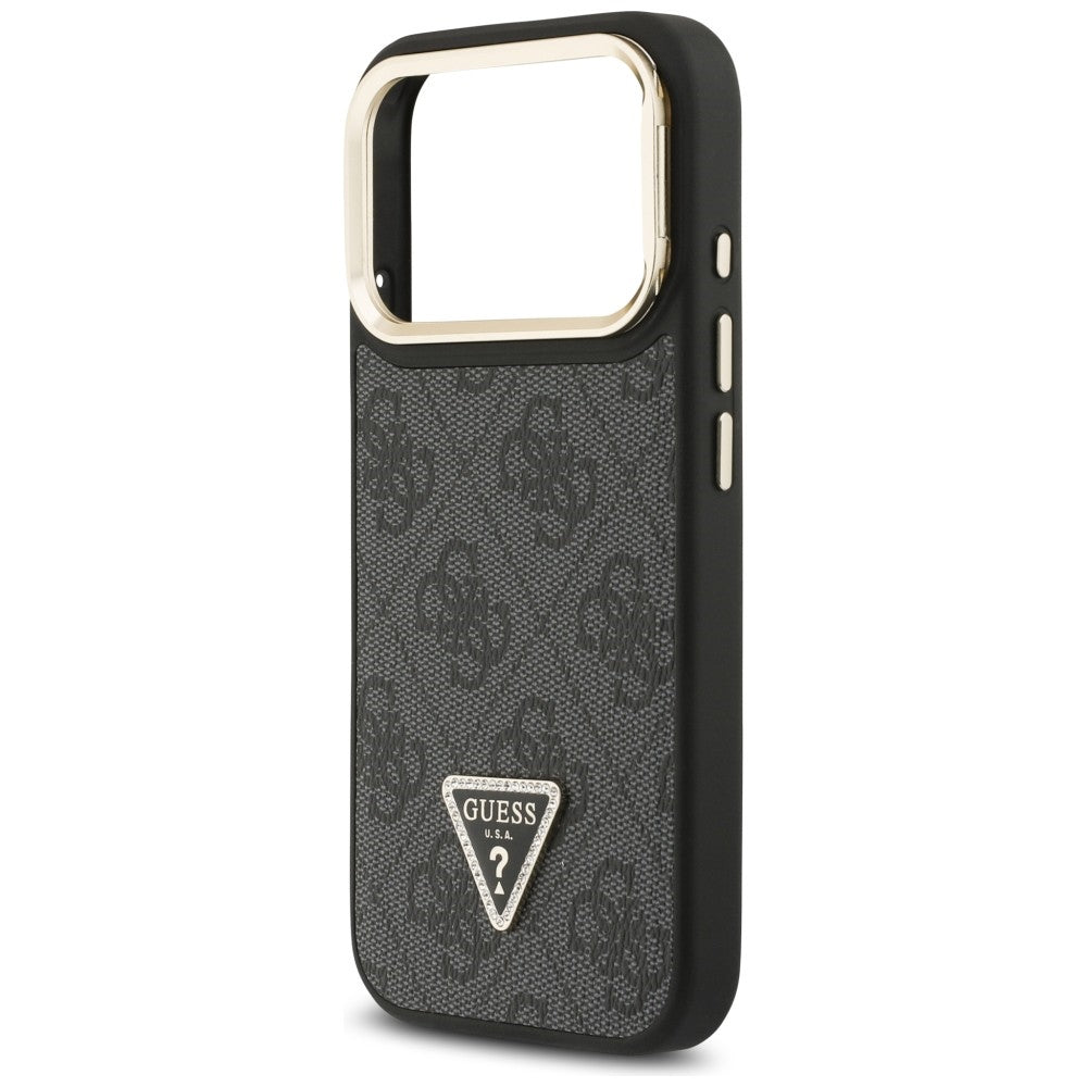 Funda MagSafe para Apple iPhone 17 Pro, Guess, Logo Triángulo 4G con Soporte para Cámara, Negra Dorada