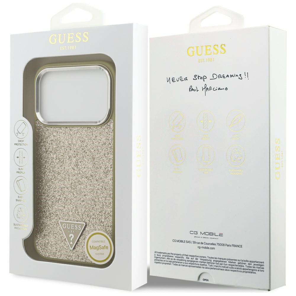 Funda MagSafe para Apple iPhone 17 Pro, Guess, Glitter Triangle Logo, Dorada