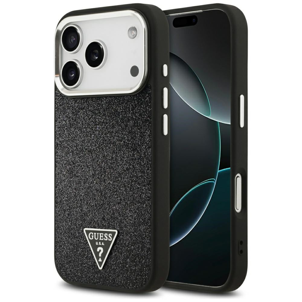 Funda MagSafe para Apple iPhone 17 Pro, Guess, Glitter Triangle Logo, Negra