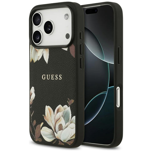 Funda MagSafe para Apple iPhone 17 Pro, Guess, Grained Flowers, Negra