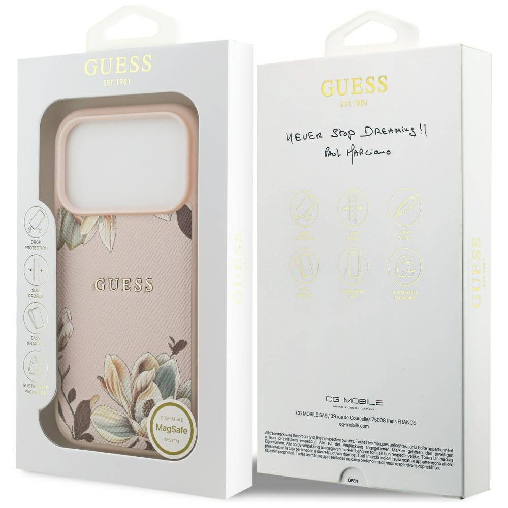 Funda MagSafe para Apple iPhone 17 Pro, Guess, Grained Flowers, Rosa