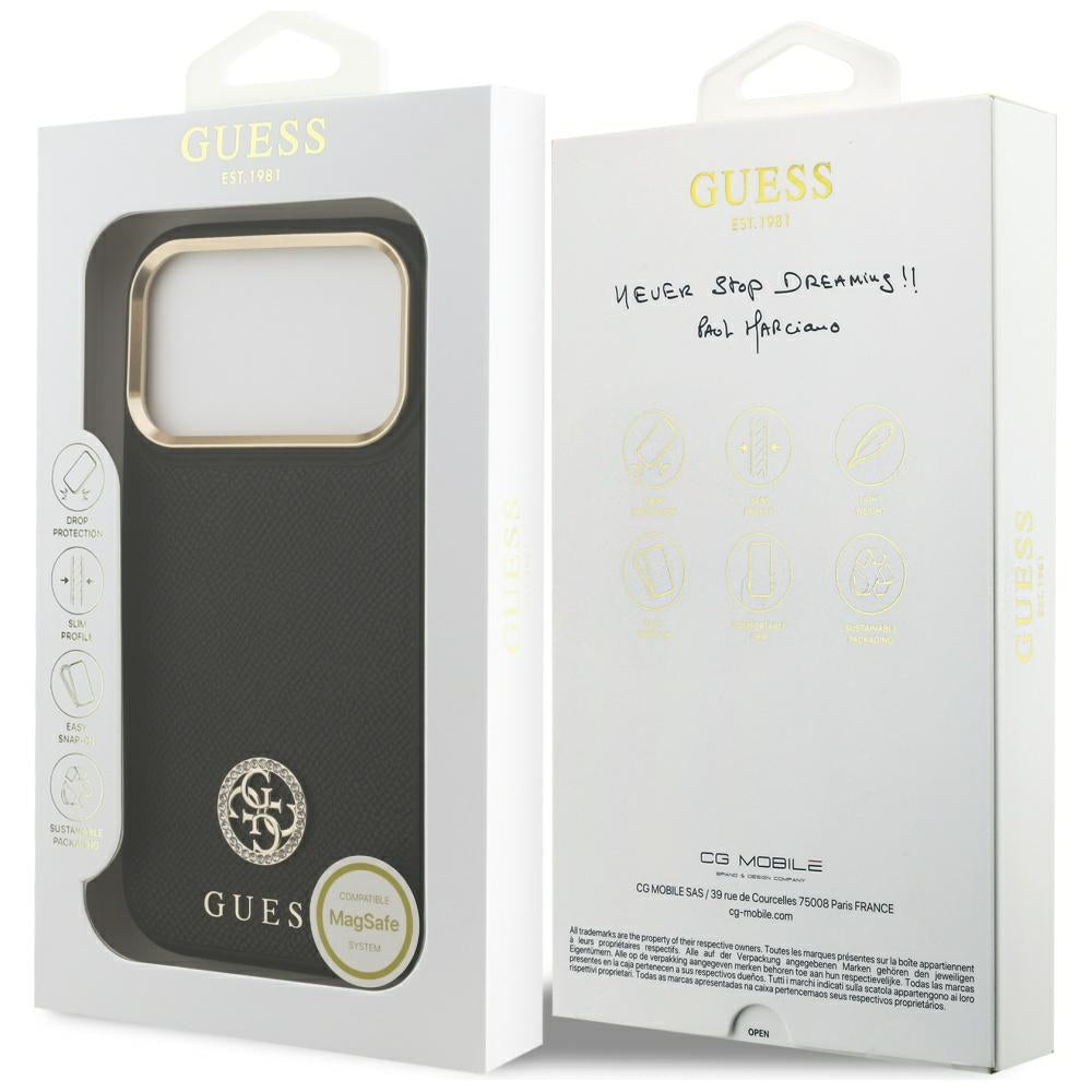 Funda MagSafe para Apple iPhone 17 Pro, Guess, Grained Strass Logo, Negra