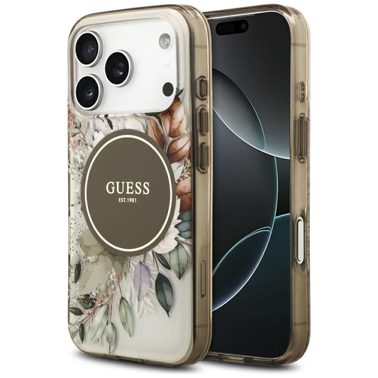 Funda MagSafe para Apple iPhone 17 Pro, Guess, IML Flower and Tonal Circle, Marrón