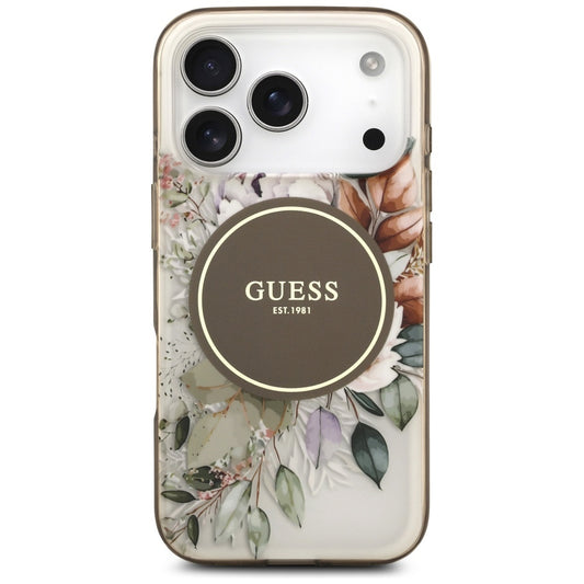 Funda MagSafe para Apple iPhone 17 Pro, Guess, IML Flower and Tonal Circle, Marrón