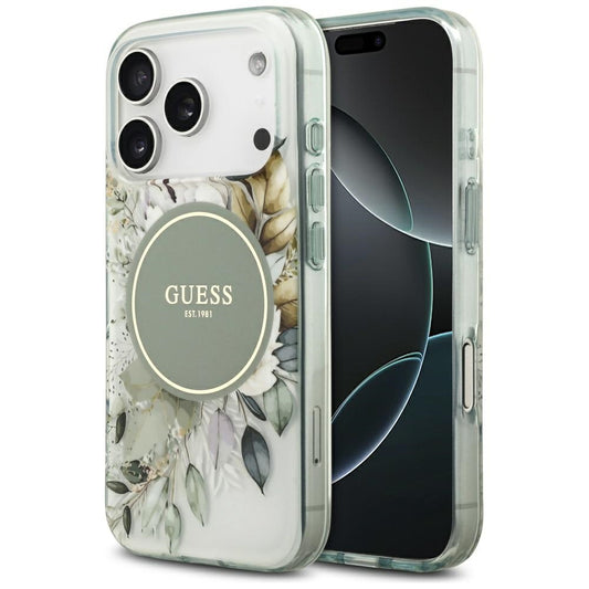 Funda MagSafe para Apple iPhone 17 Pro, Guess, IML Flower and Tonal Circle, Verde