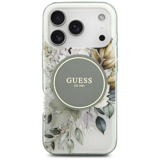 Funda MagSafe para Apple iPhone 17 Pro, Guess, IML Flower and Tonal Circle, Verde