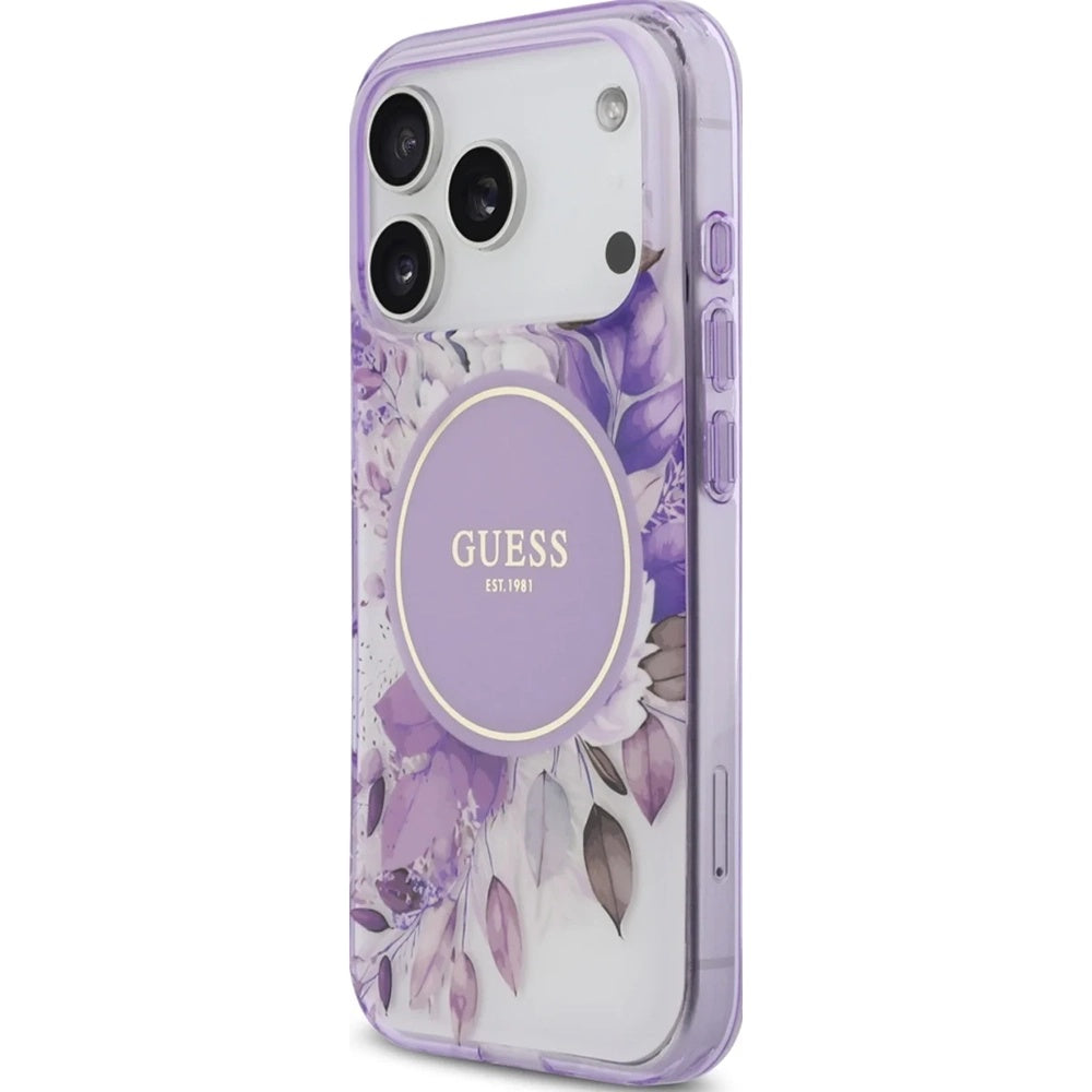 Funda MagSafe para Apple iPhone 17 Pro, Guess, IML Flower & Tonal Circle, Morado