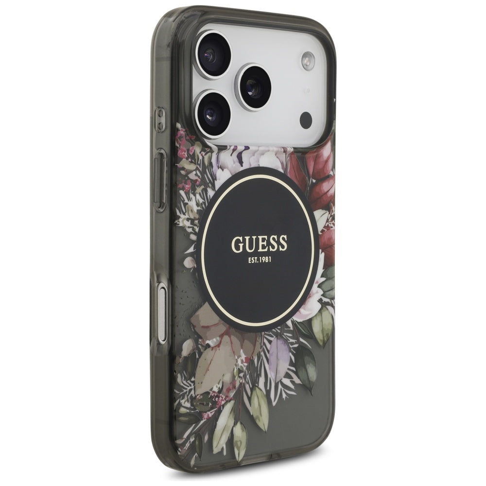 Funda MagSafe para Apple iPhone 17 Pro, Guess, IML Flowers with Pearl Strap, Negra