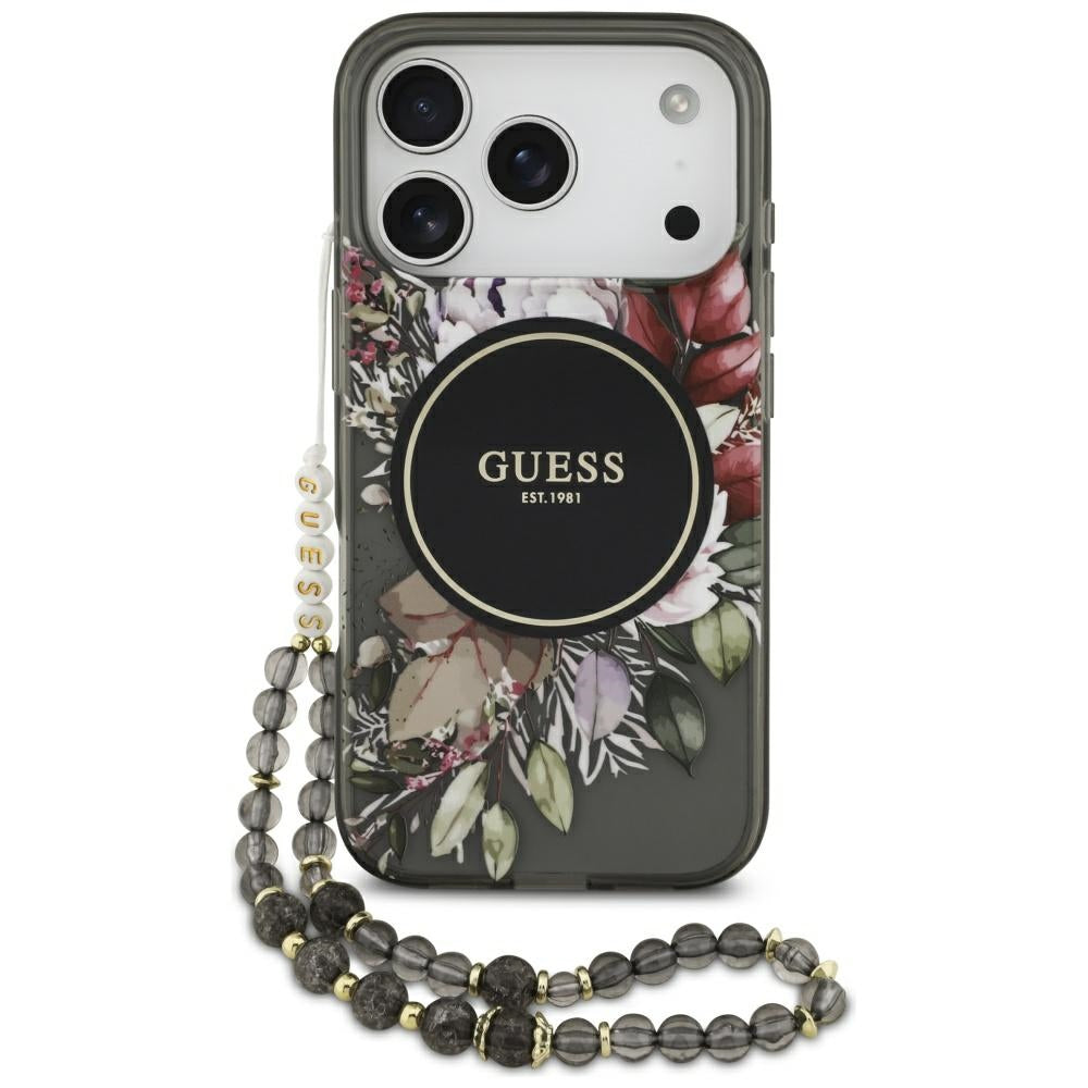 Funda MagSafe para Apple iPhone 17 Pro, Guess, IML Flowers with Pearl Strap, Negra