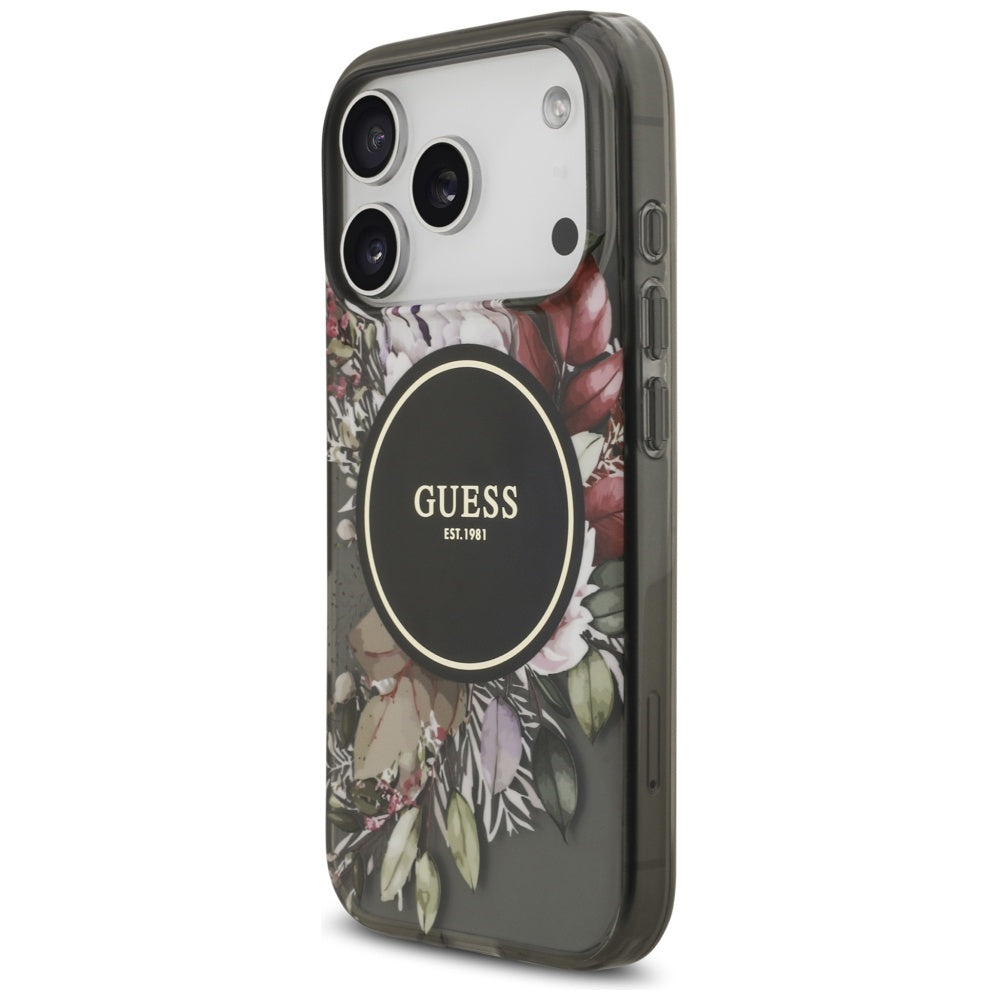 Funda MagSafe para Apple iPhone 17 Pro, Guess, IML Flowers with Pearl Strap, Negra