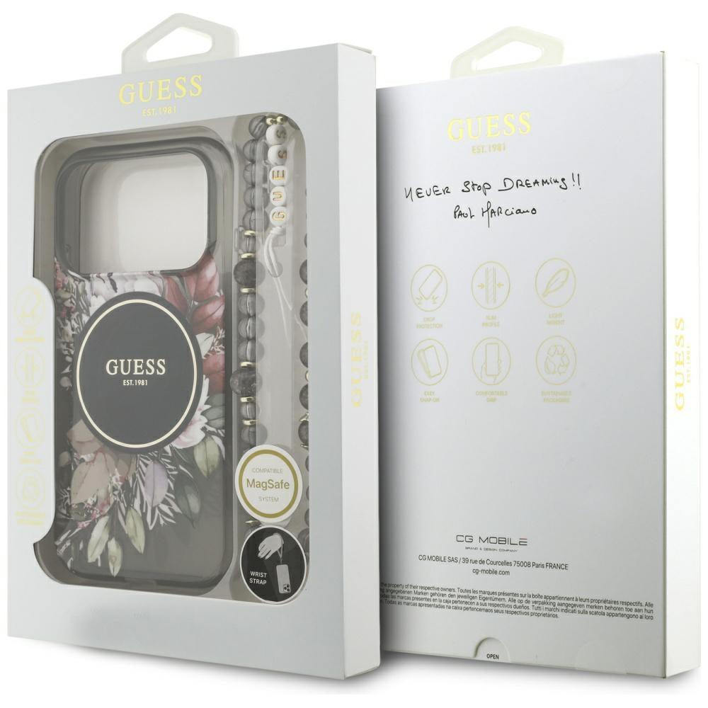 Funda MagSafe para Apple iPhone 17 Pro, Guess, IML Flowers with Pearl Strap, Negra