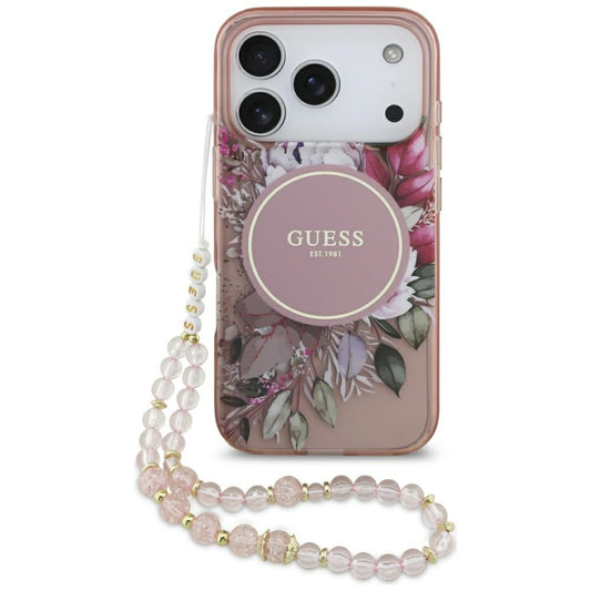 Funda MagSafe para Apple iPhone 17 Pro, Guess, IML Flowers with Pearl Strap, Rosa