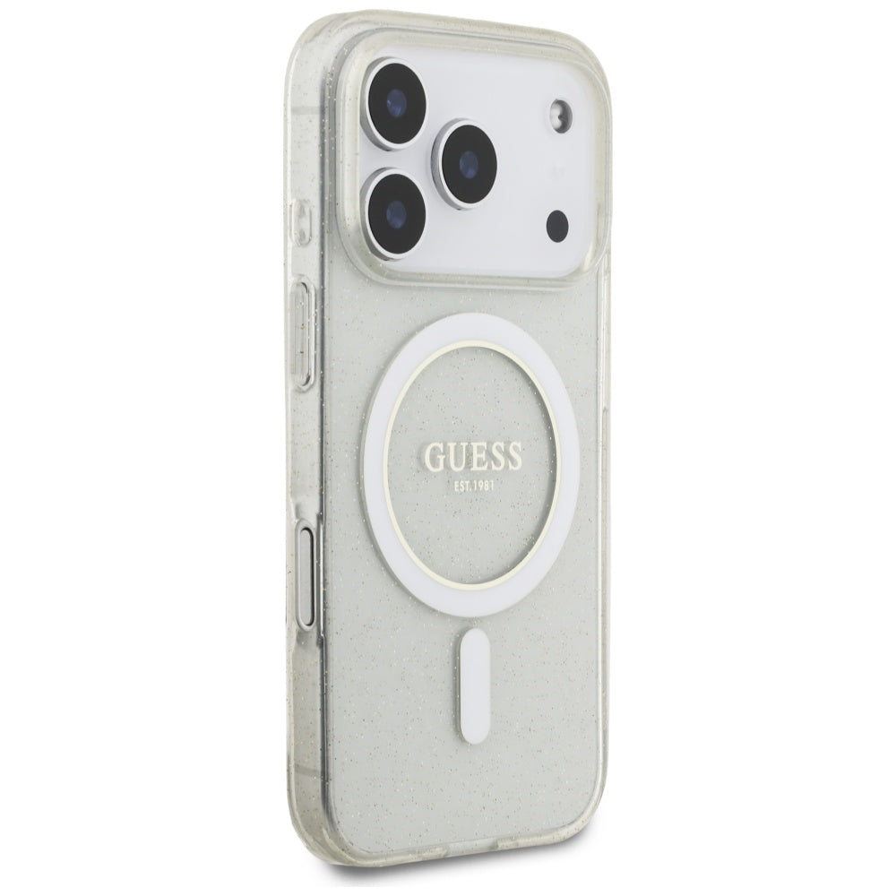 Funda MagSafe para Apple iPhone 17 Pro, Guess, IML Glitter con Correa de Perla, Transparente