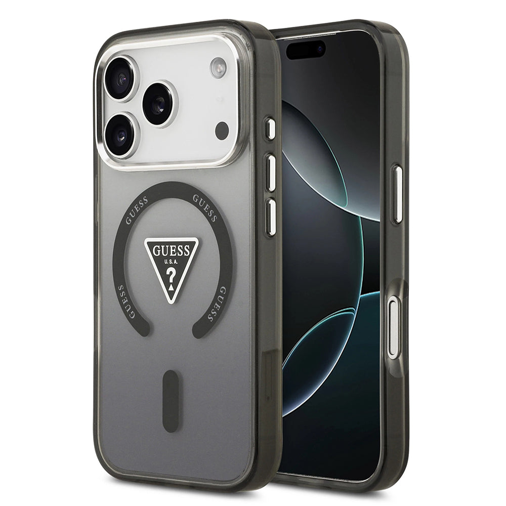 Funda MagSafe para Apple iPhone 17 Pro, Guess, IML Gradient Triangle Logo, Negra Plateada