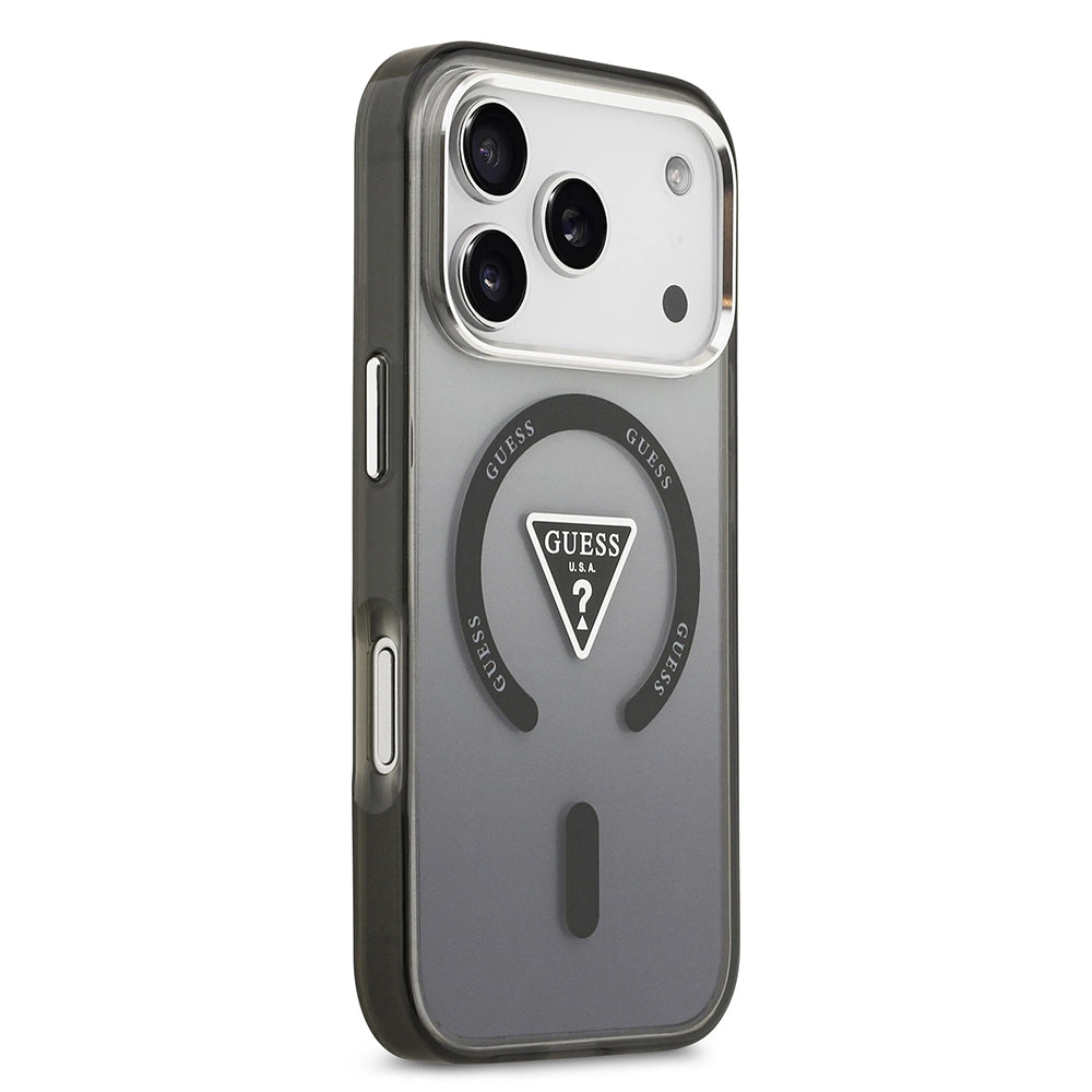 Funda MagSafe para Apple iPhone 17 Pro, Guess, IML Gradient Triangle Logo, Negra Plateada