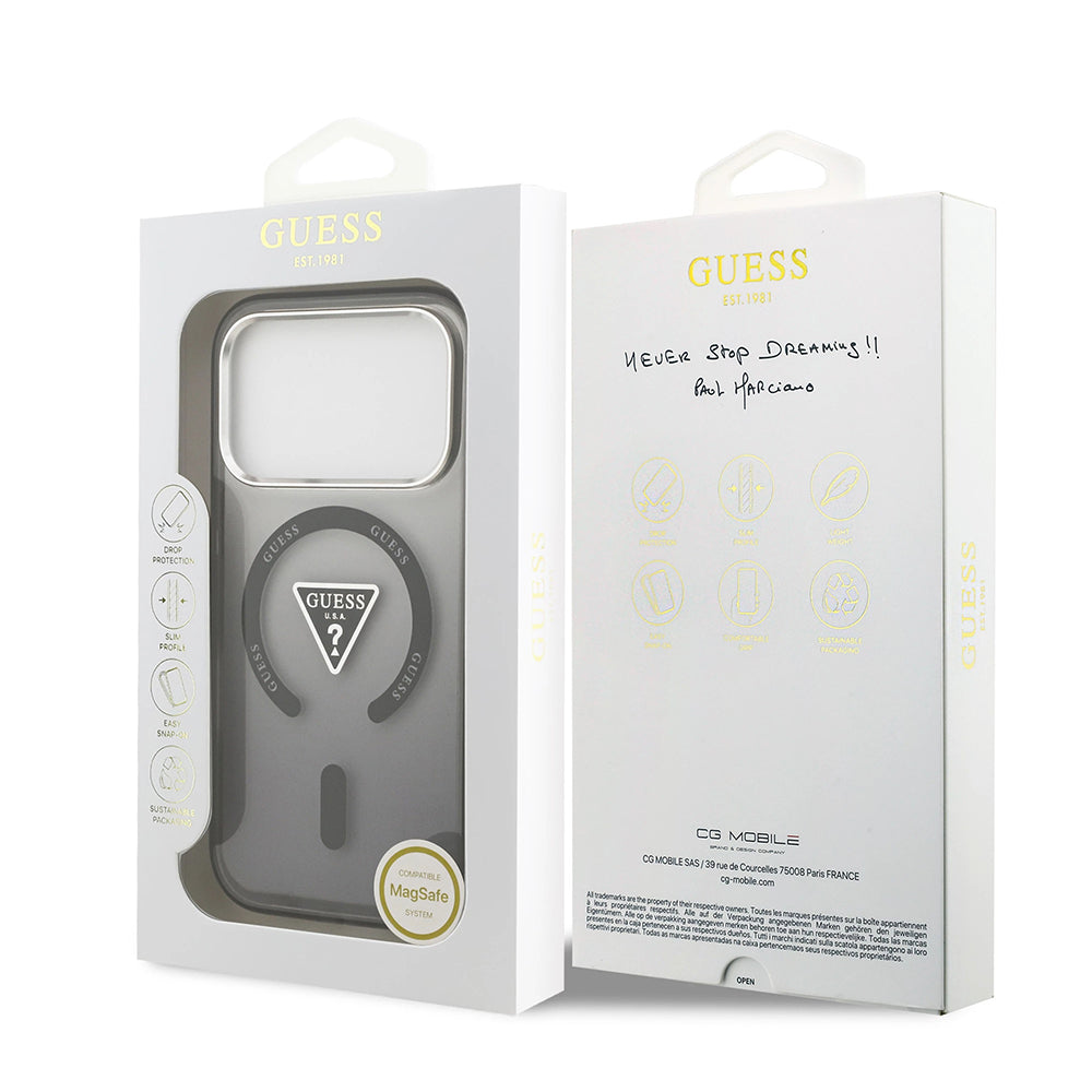 Funda MagSafe para Apple iPhone 17 Pro, Guess, IML Gradient Triangle Logo, Negra Plateada