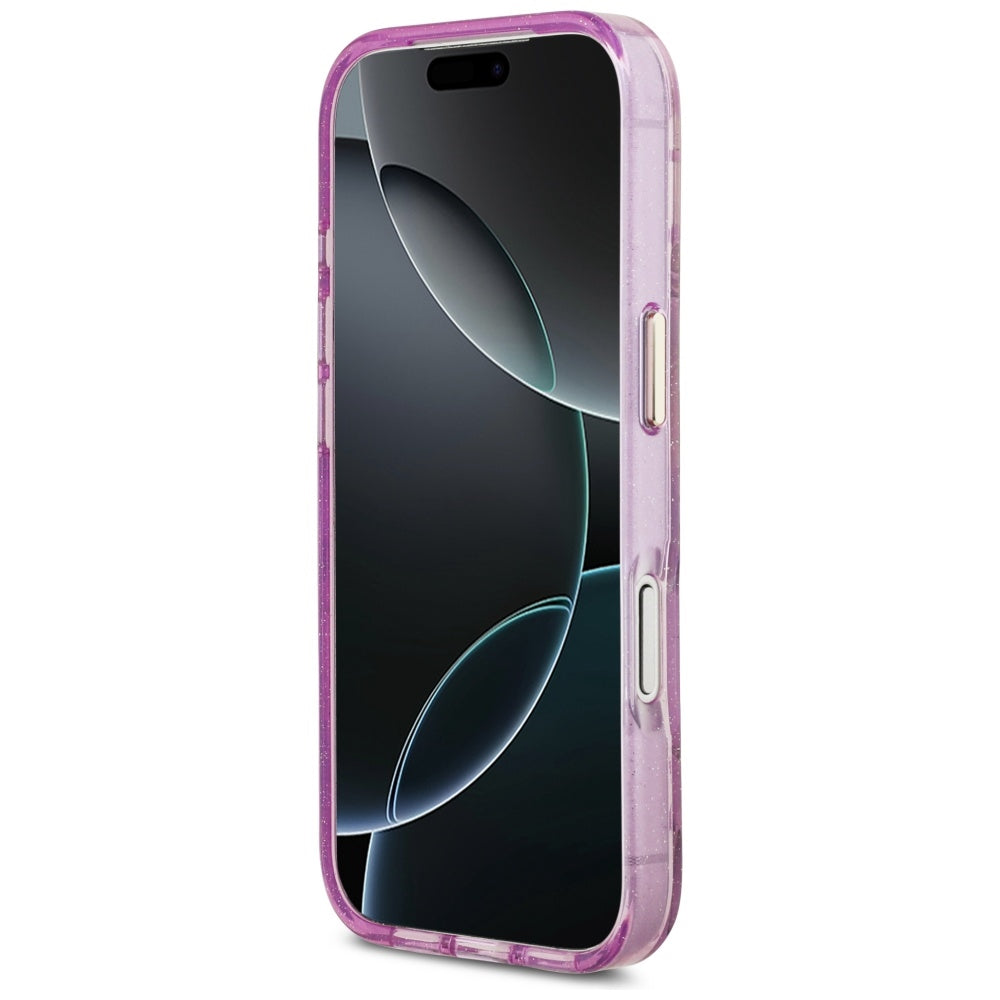 Funda MagSafe para Apple iPhone 17 Pro, Guess, IML Metal Glitter Flowers Triangle, Morado