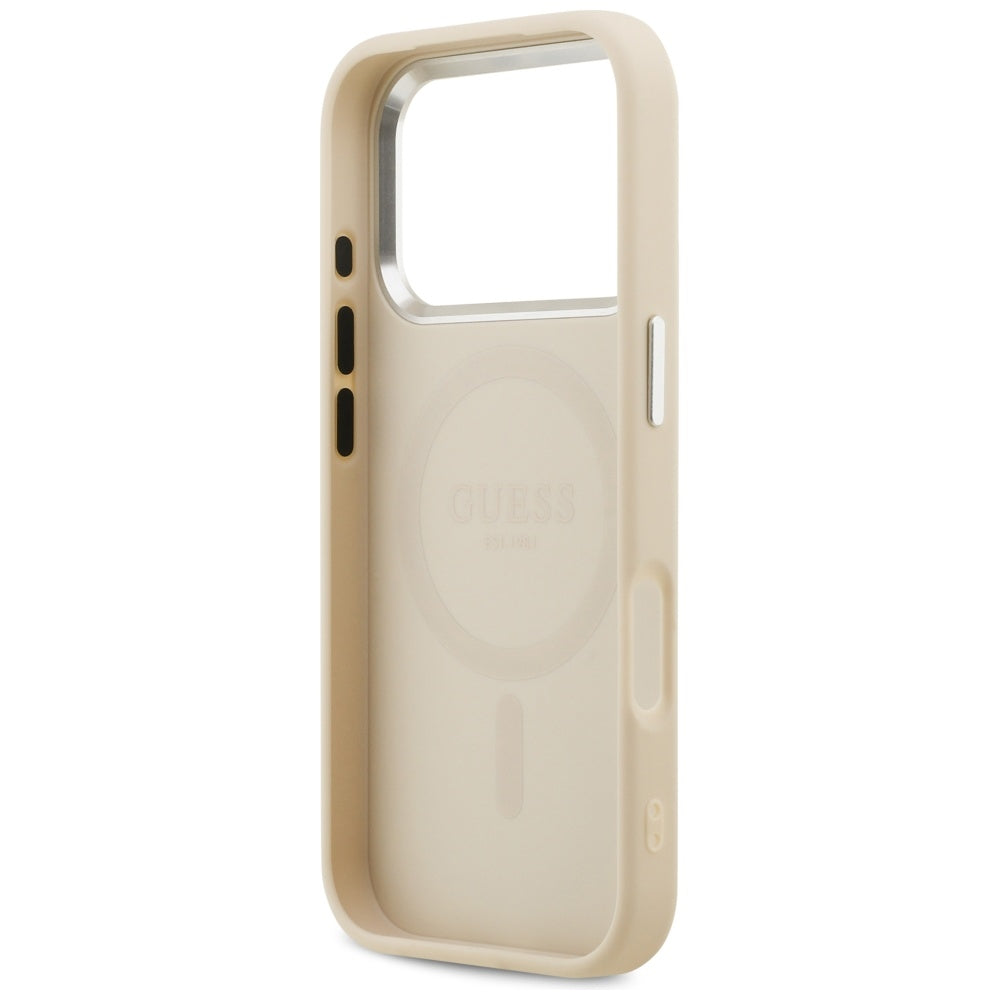 Funda MagSafe para Apple iPhone 17 Pro, Guess, Peony Hot Stamp Script, Beige