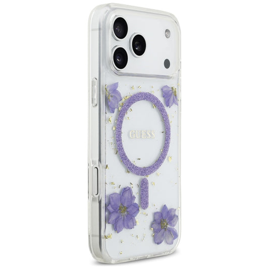 Funda MagSafe para Apple iPhone 17 Pro, Guess, Flores de Resina y Purpurina, Morado