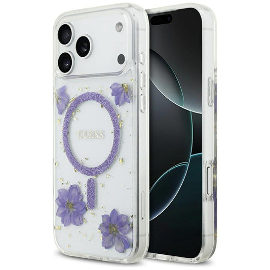 Funda MagSafe para Apple iPhone 17 Pro, Guess, Flores de Resina y Purpurina, Morado