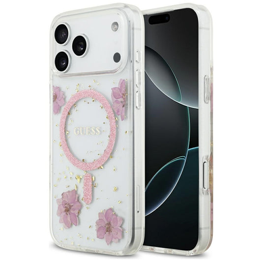 Funda MagSafe para Apple iPhone 17 Pro, Guess, Flores de Resina y Purpurina, Rosa