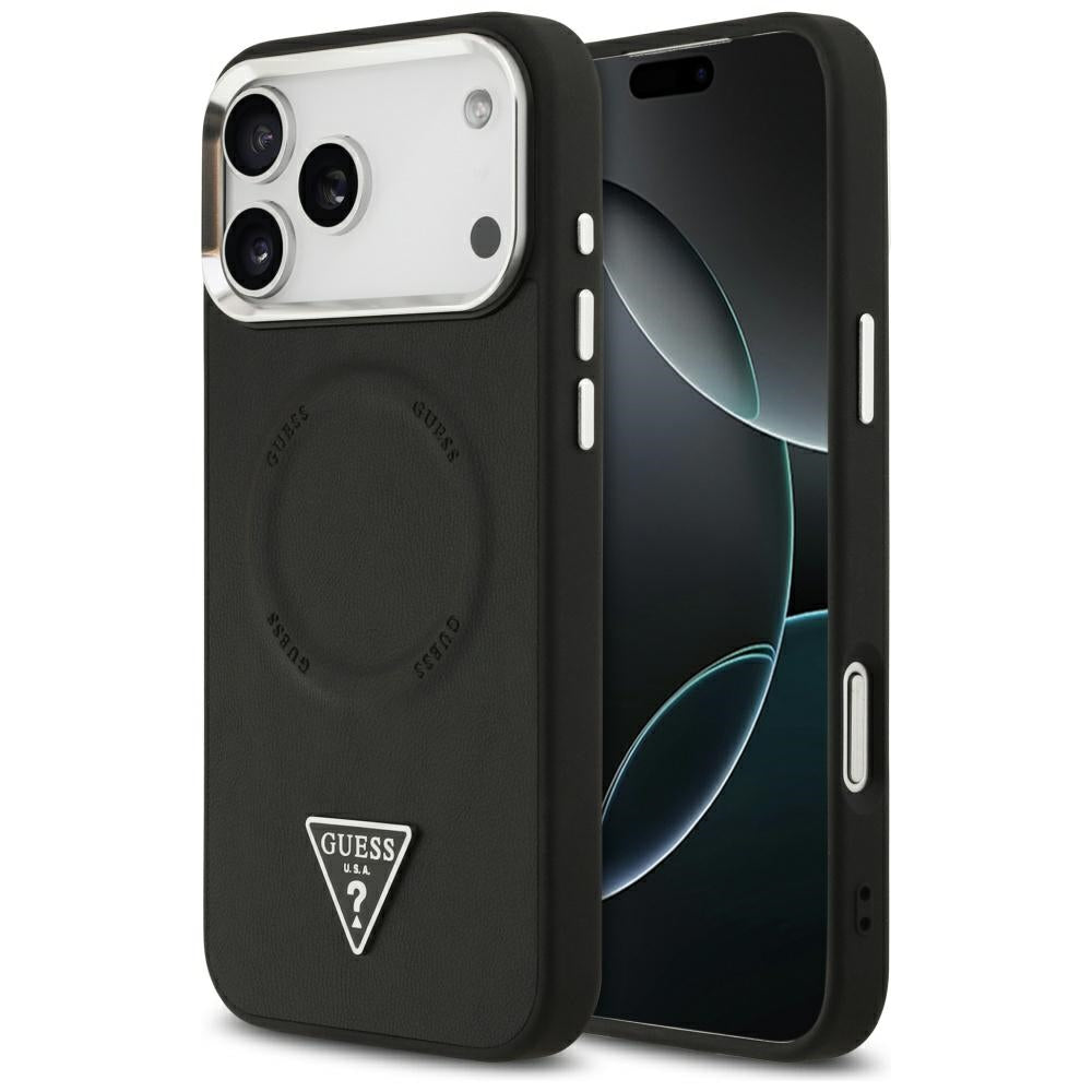 Funda MagSafe para Apple iPhone 17 Pro, Guess, Logo Triangular, Negra Plateada