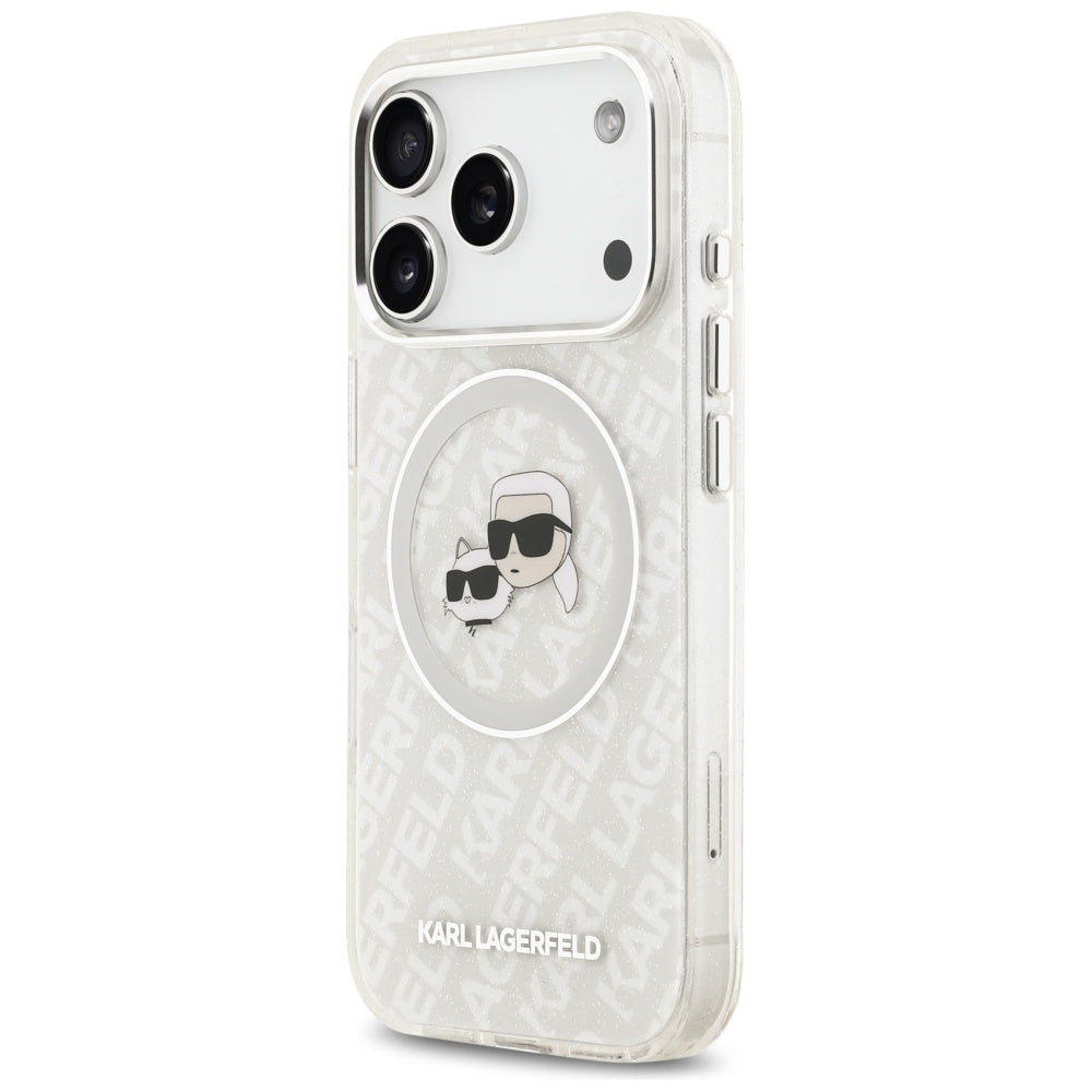 Funda MagSafe para Apple iPhone 17 Pro, Karl Lagerfeld, Glitter Karl & Choupette Head, Blanca