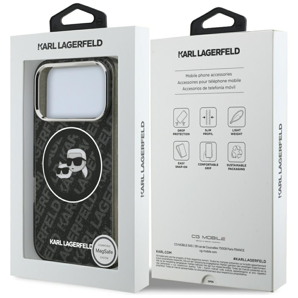 Funda MagSafe para Apple iPhone 17 Pro, Karl Lagerfeld, Glitter Karl & Choupette Head, Negra