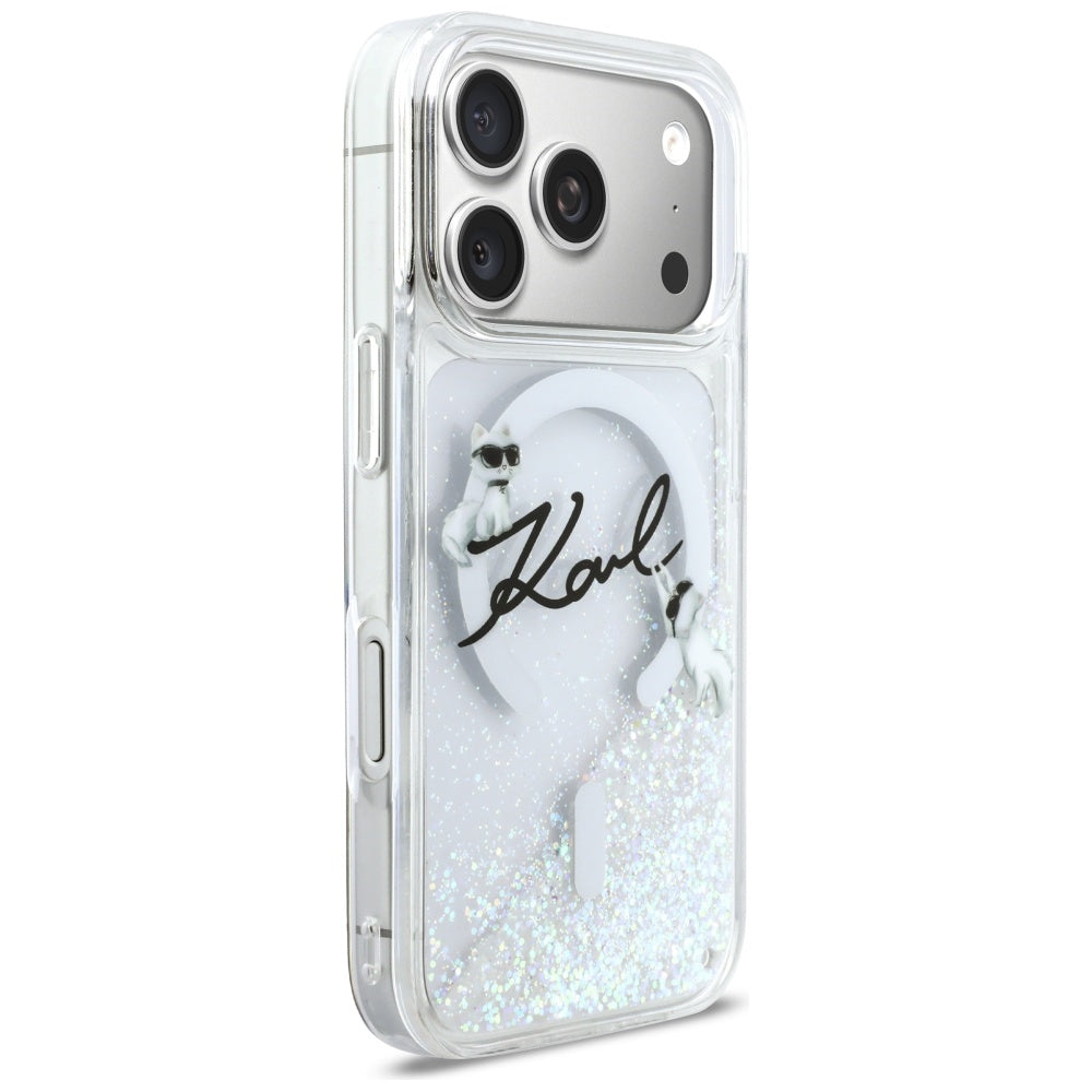 Funda MagSafe para Apple iPhone 17 Pro, Karl Lagerfeld, Glitter Karl Script Logo, Transparente