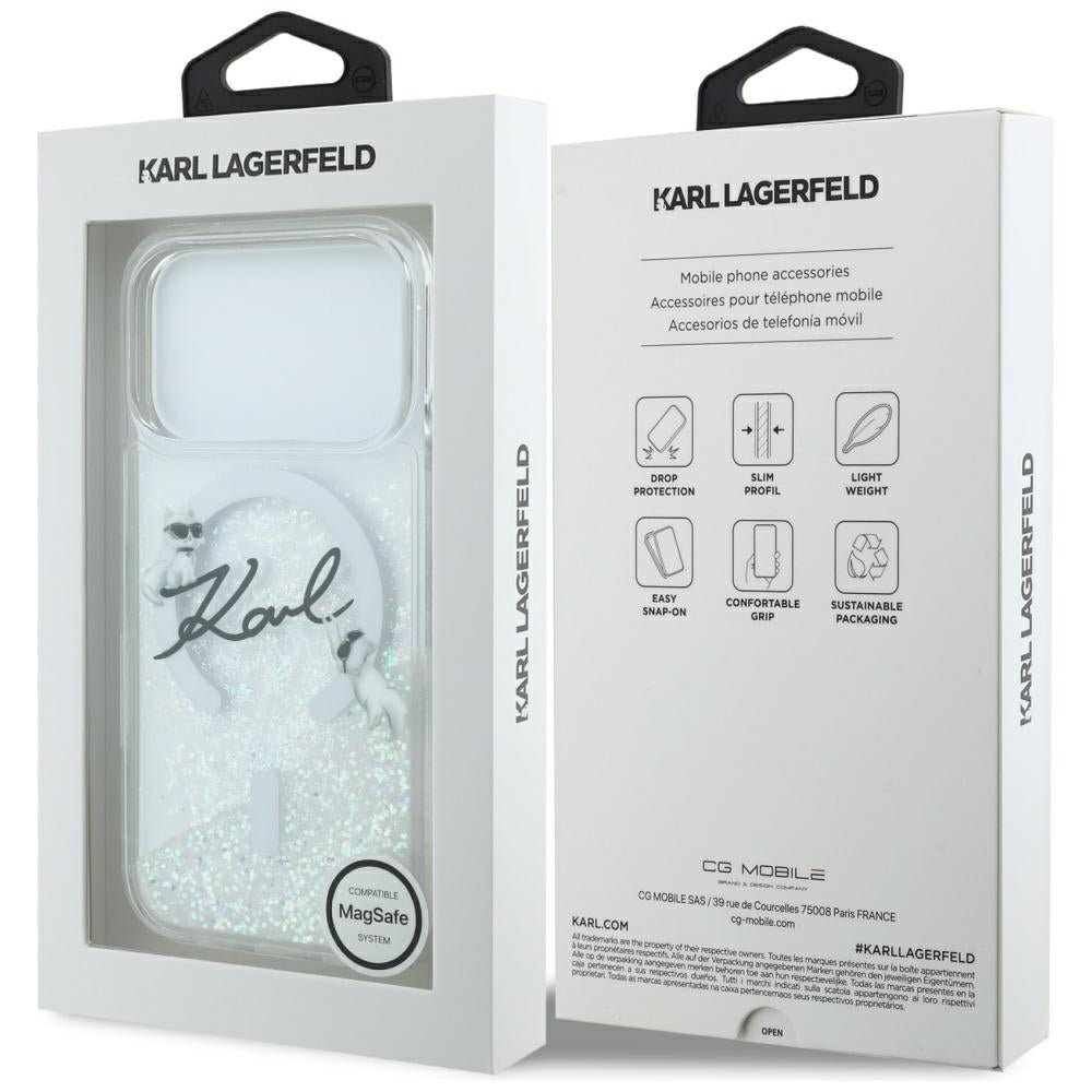 Funda MagSafe para Apple iPhone 17 Pro, Karl Lagerfeld, Glitter Karl Script Logo, Transparente