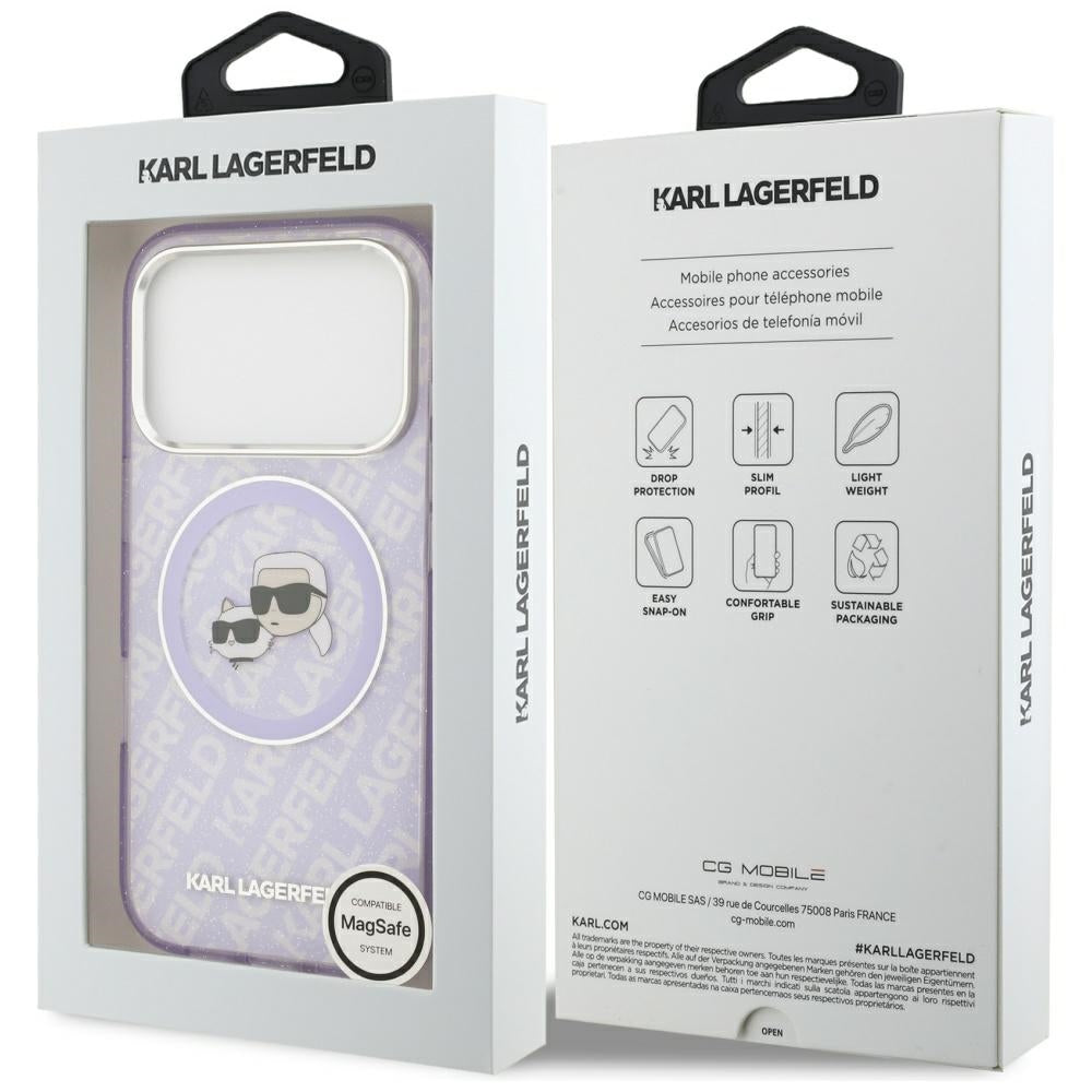 Funda MagSafe para Apple iPhone 17 Pro, Karl Lagerfeld, IML Glitter Karl & Choupette's Heads, Morado