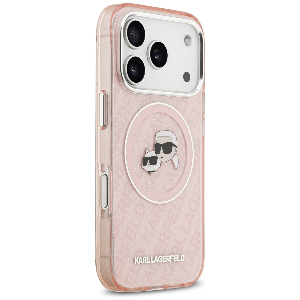 Funda MagSafe para Apple iPhone 17 Pro, Karl Lagerfeld, IML Glitter Karl & Choupette's Heads, Rosa.