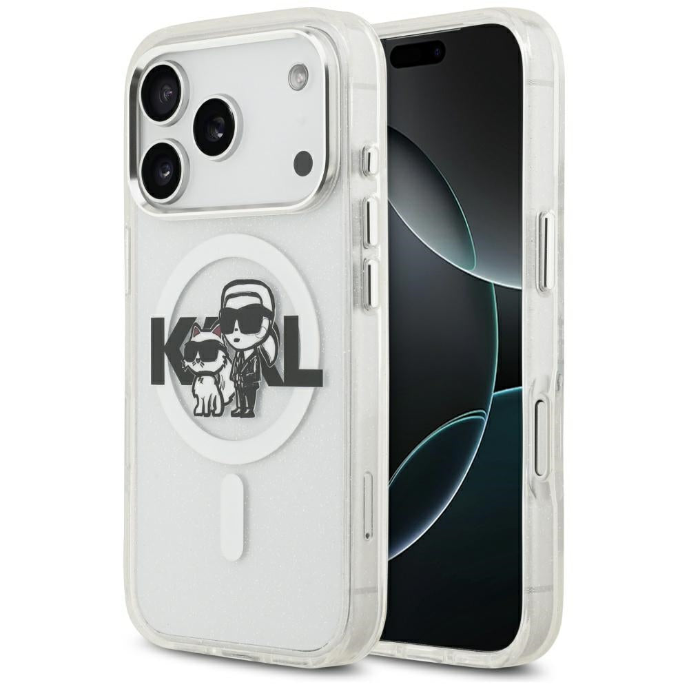 Funda MagSafe para Apple iPhone 17 Pro, Karl Lagerfeld, IML Sketch Logo Glitter Karl & Choupette, Transparente