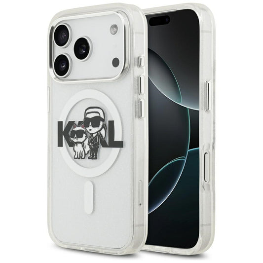 Funda MagSafe para Apple iPhone 17 Pro, Karl Lagerfeld, IML Sketch Logo Glitter Karl & Choupette, Transparente.