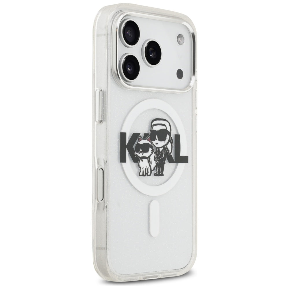 Funda MagSafe para Apple iPhone 17 Pro, Karl Lagerfeld, IML Sketch Logo Glitter Karl & Choupette, Transparente