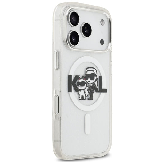 Funda MagSafe para Apple iPhone 17 Pro, Karl Lagerfeld, IML Sketch Logo Glitter Karl & Choupette, Transparente.