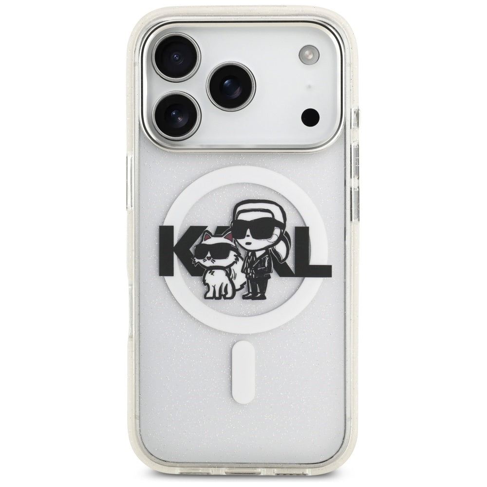 Funda MagSafe para Apple iPhone 17 Pro, Karl Lagerfeld, IML Sketch Logo Glitter Karl & Choupette, Transparente