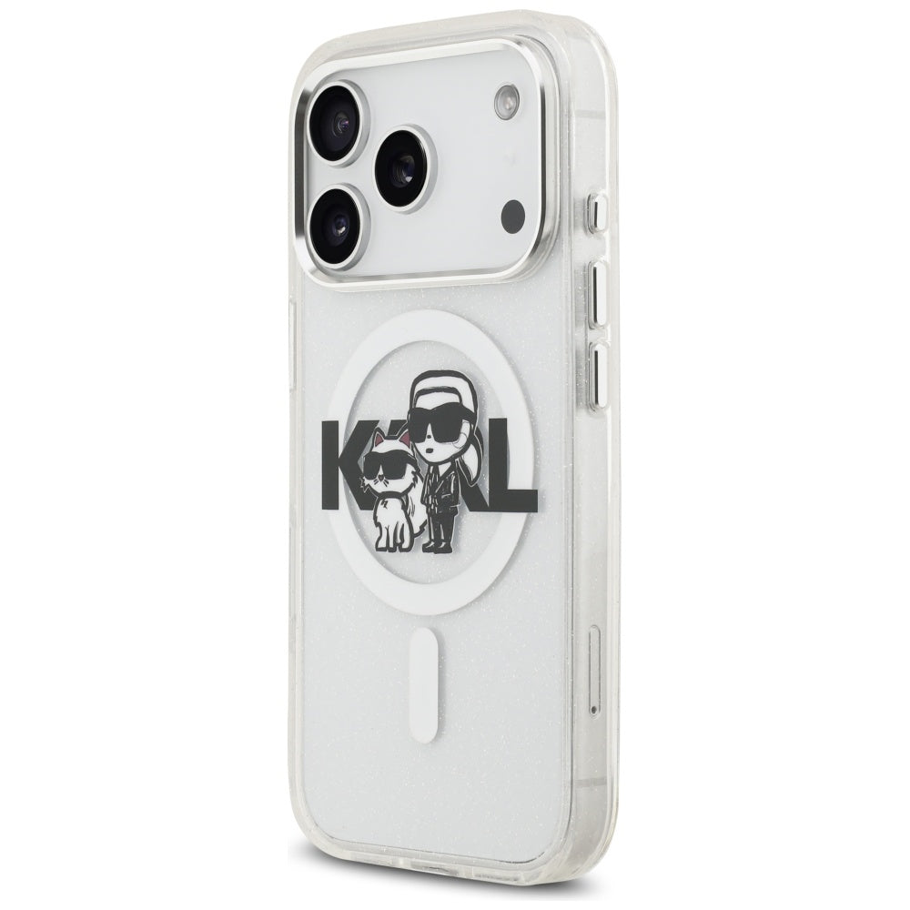Funda MagSafe para Apple iPhone 17 Pro, Karl Lagerfeld, IML Sketch Logo Glitter Karl & Choupette, Transparente