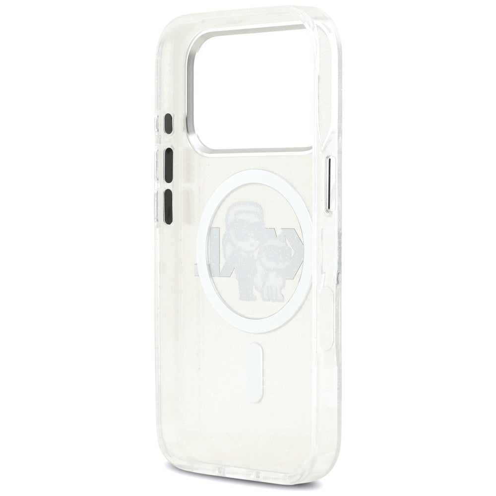 Funda MagSafe para Apple iPhone 17 Pro, Karl Lagerfeld, IML Sketch Logo Glitter Karl & Choupette, Transparente