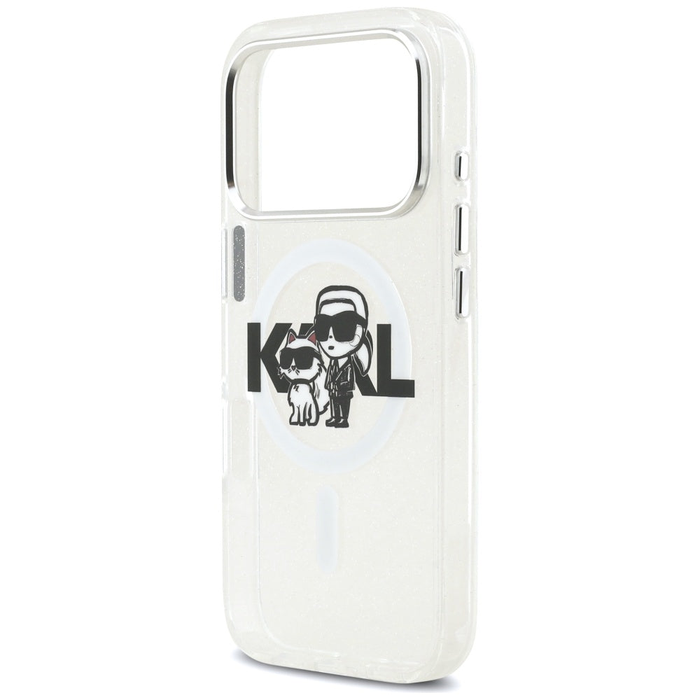Funda MagSafe para Apple iPhone 17 Pro, Karl Lagerfeld, IML Sketch Logo Glitter Karl & Choupette, Transparente
