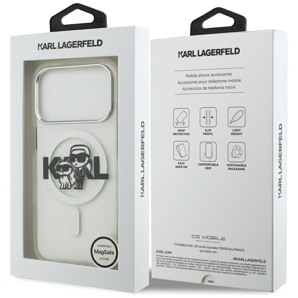 Funda MagSafe para Apple iPhone 17 Pro, Karl Lagerfeld, IML Sketch Logo Glitter Karl & Choupette, Transparente