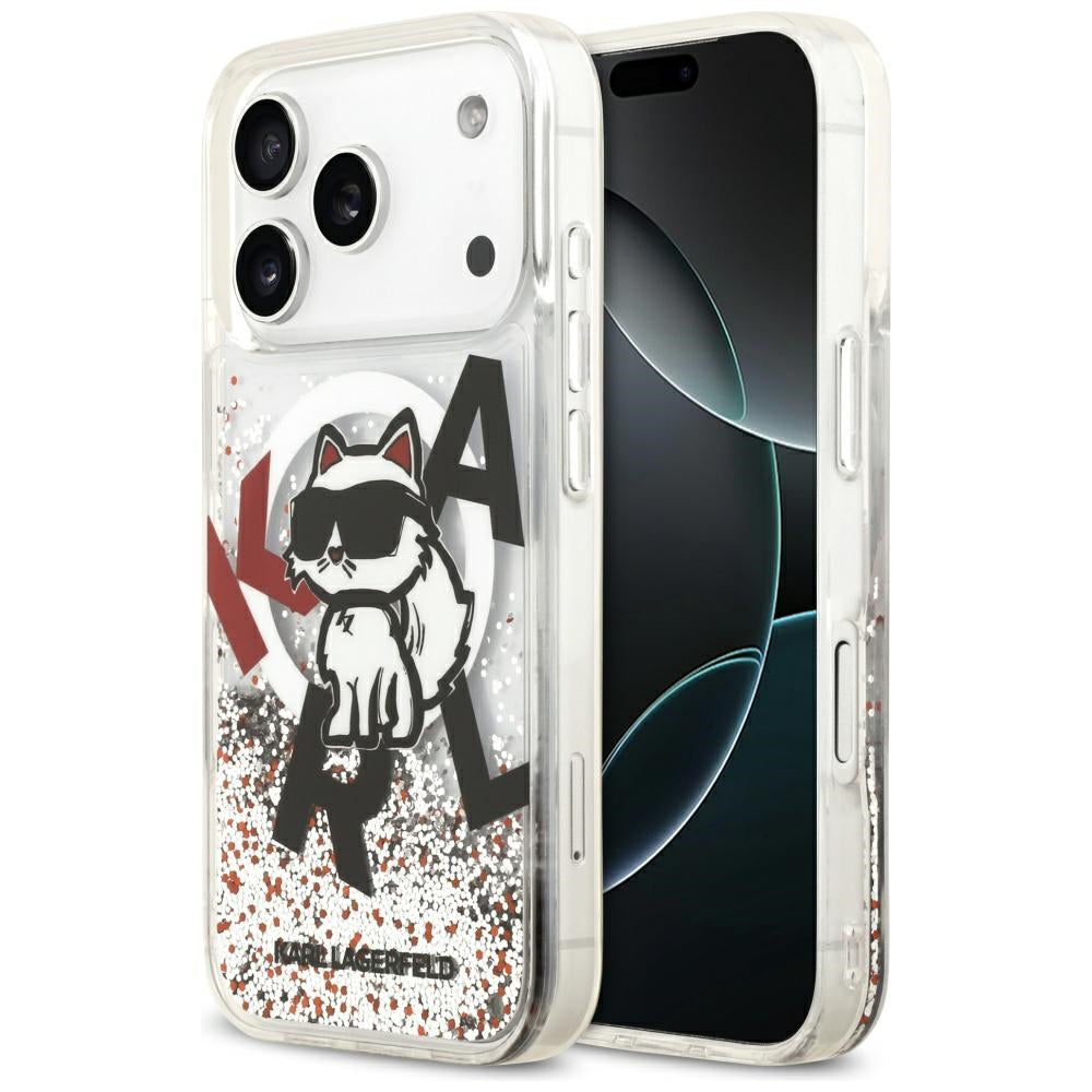 Funda MagSafe para Apple iPhone 17 Pro, Karl Lagerfeld, Liquid Glitter Choupette Logo, Transparente