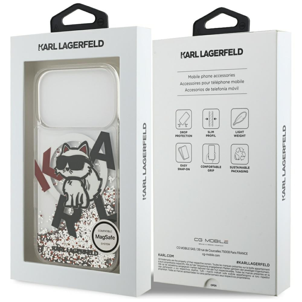 Funda MagSafe para Apple iPhone 17 Pro, Karl Lagerfeld, Liquid Glitter Choupette Logo, Transparente