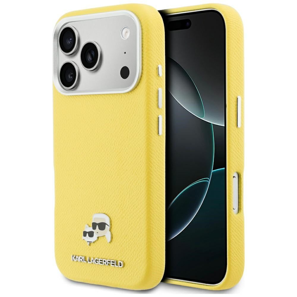 Funda MagSafe para Apple iPhone 17 Pro, Karl Lagerfeld, Saffiano Karl & Choupette Pins, Amarilla